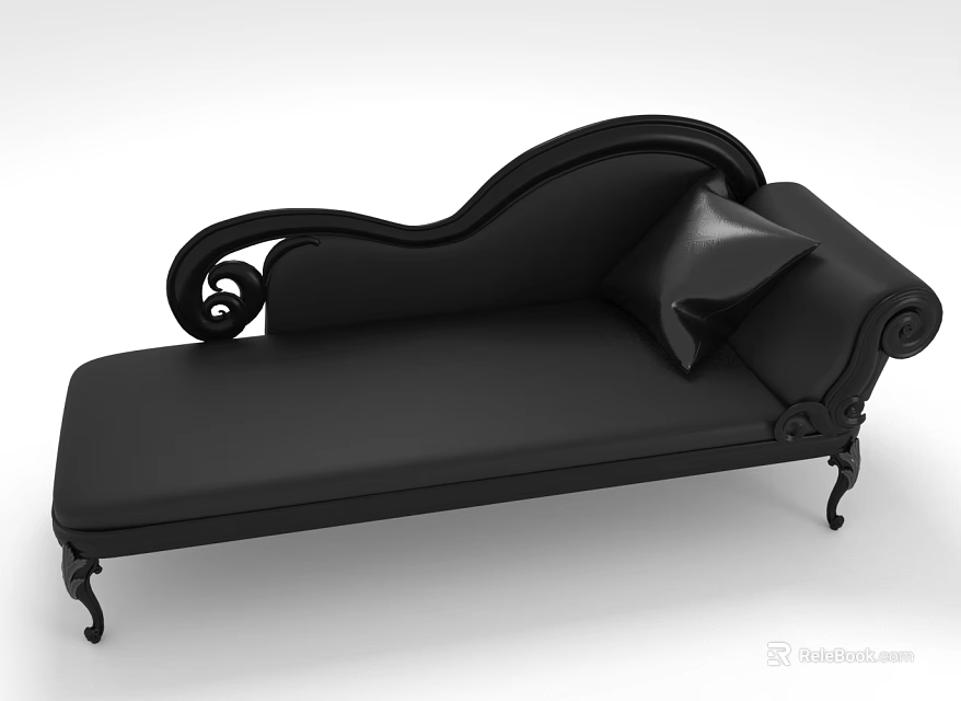 Black Chaise Lounge with Elegant Curved Design Scroll Armrests Carved Legs and Decorative Pillow 3d model 