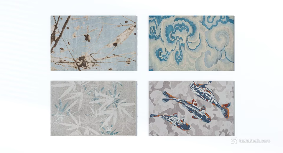 Square Area Rugs With Abstract Ink Cloud Bamboo Leaf And Koi Fish Patterns 3d model