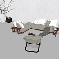 Modern Fabric Sofa Set With White Cushions Wooden Coffee Table And Decorative Branches