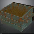 Rusted Green Metal Dumpster Featuring Worn Surface And Rolling Wheels