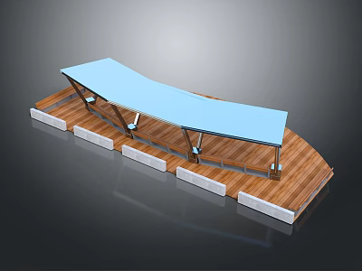 Modern Outdoor Chair Featuring Wooden Platform And Curved Blue Canopy For Garden Use 3d model