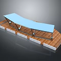 Modern Outdoor Chair Featuring Wooden Platform And Curved Blue Canopy For Garden Use