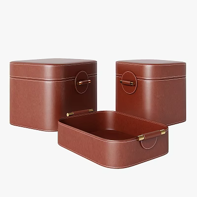 Set Of Brown Leather Storage Boxes With Metal Clasps For Home Organization 3d model