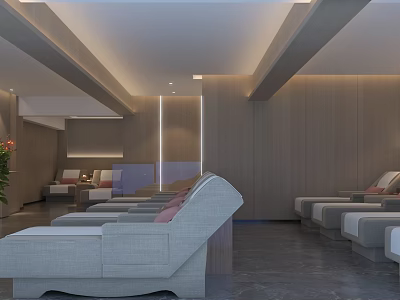 Modern SPA Sauna Interior Design With Comfortable Loungers Wooden Walls Gray Flooring And Plants 3d model