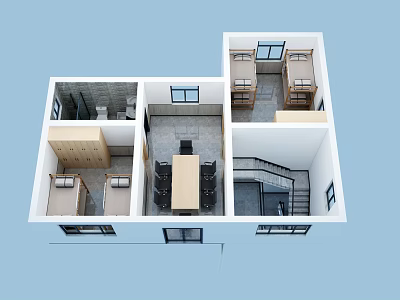 Home Floor Plan Layout Featuring Bedrooms Living Room Dining Area And Staircase 3d model
