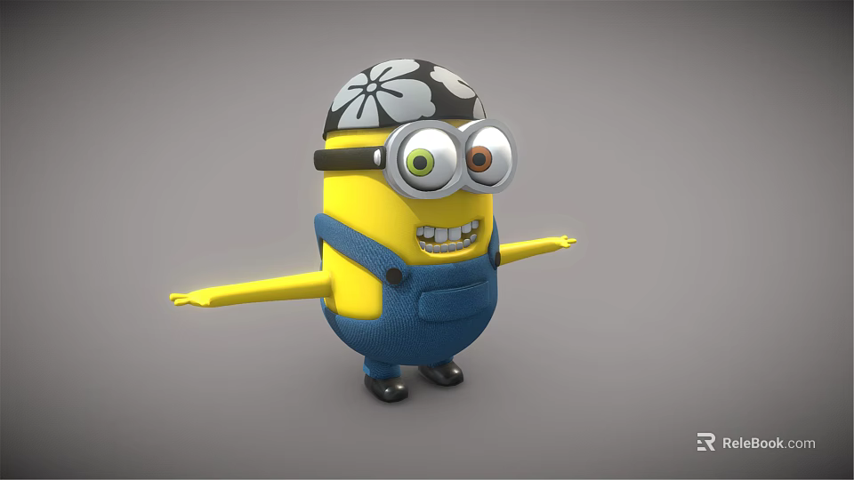 Cute Minion Doll With Yellow Body Blue Overalls And Black Hat With White Flower 3d model 