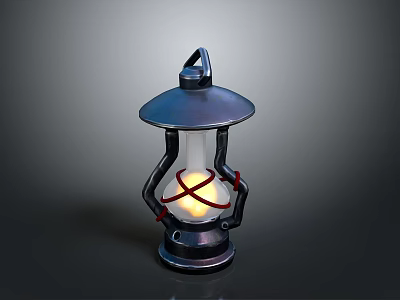 Vintage Decorative Lantern With Metal Top Transparent Glass Red Rope And Yellow Light 3d model