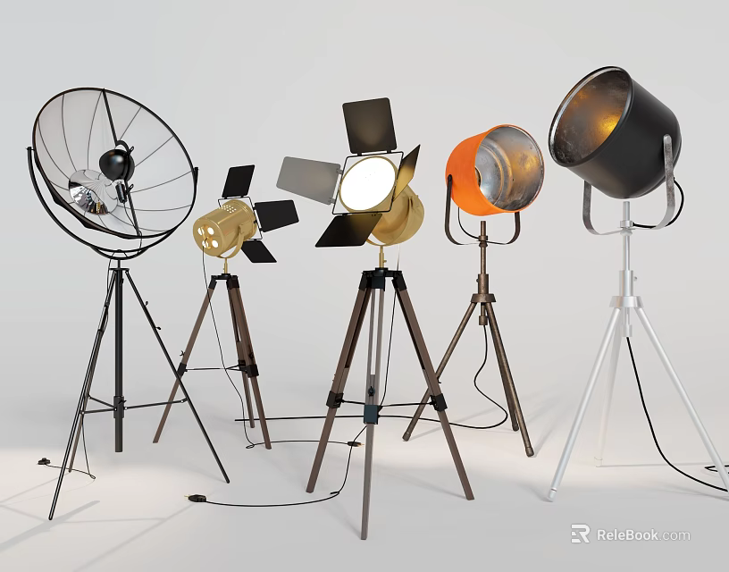 Stylish Diverse Floor Lamps With Tripod Bases And Various Metal Shades 3d model 