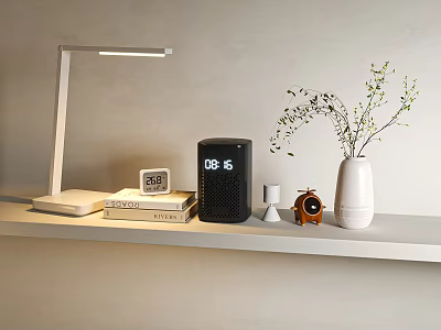 Minimalist Decorative Ornament Combination With Lamp Books Digital Clock Vase And Green Plant On Shelf 3d model