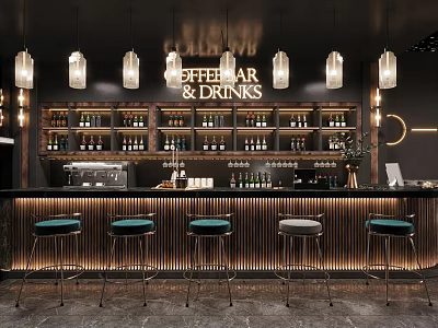 Modern Bar Interior With Hanging Lights Bar Counter Stools And Drink Shelves 3d model