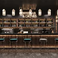 Modern Bar Interior With Hanging Lights Bar Counter Stools And Drink Shelves