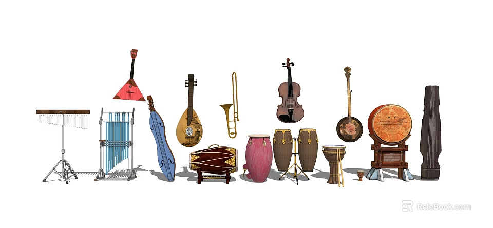 Assorted Musical Instruments And Art Supplies With Violin Guitar Drums Paintbrushes And Easels 3d model 