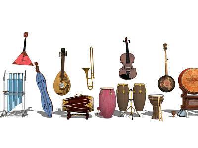 Assorted Musical Instruments And Art Supplies With Violin Guitar Drums Paintbrushes And Easels 3d model