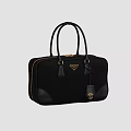 Black Leather Handbag with Twin Handles Triangular Logo Gold Metal Hardware and Zipper Closure