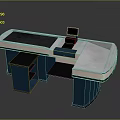 Modern Blue And White Checkout Counter Design With Computer Monitor And Smooth Countertop