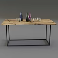 Natural Wood Dining Table With Metal Frame And Colorful Bottles Glass Cups