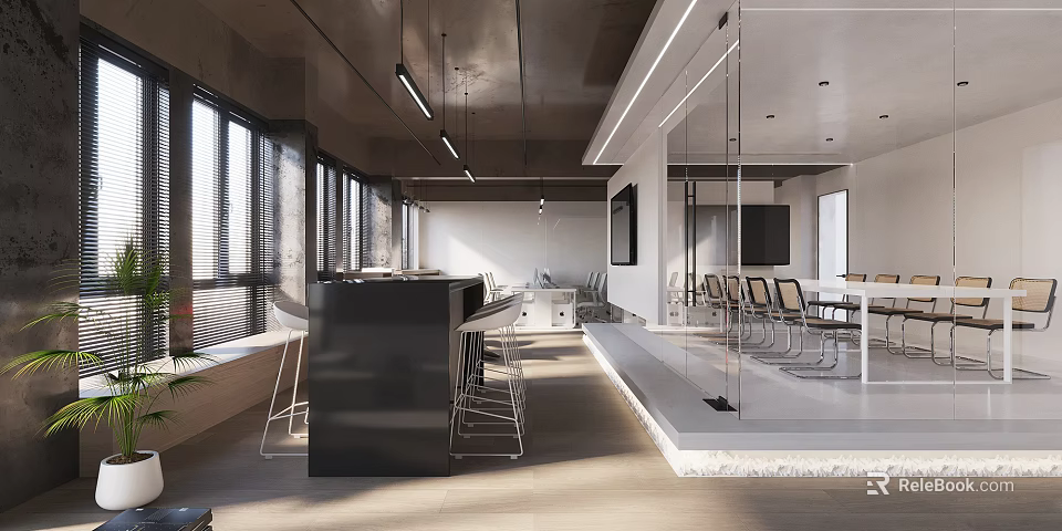 Modern Public Office Space With Open Layout Black Bar Counter Glass Partitions And Chairs 3d model 