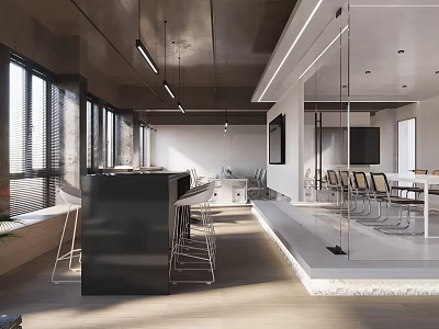 Modern Public Office Space With Open Layout Black Bar Counter Glass Partitions And Chairs 3d model