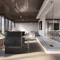 Modern Public Office Space With Open Layout Black Bar Counter Glass Partitions And Chairs