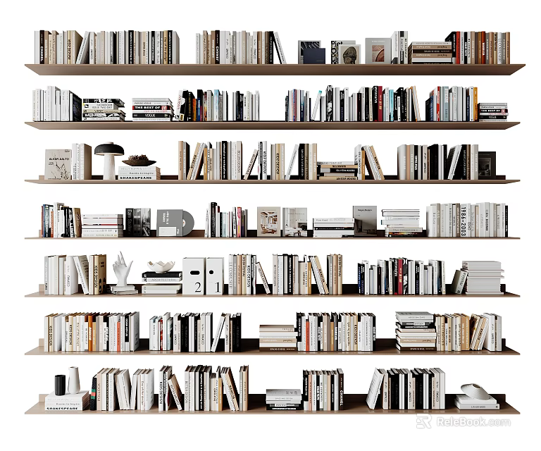 Books and Magazines Displayed on Multiple Organized Wooden Shelves in Library 3d model 