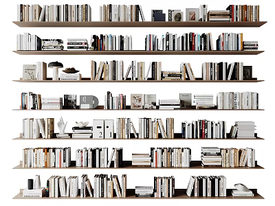 Books and Magazines Displayed on Multiple Organized Wooden Shelves in Library 3d model