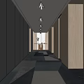 Elegant Modern Hotel Corridor With Long Wooden Walls Geometric Carpet Recessed Lighting And Minimalist Design