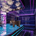 Modern Bar Interior Design With Purple Lighting Mirrored Ceiling Bar Counter And Seating