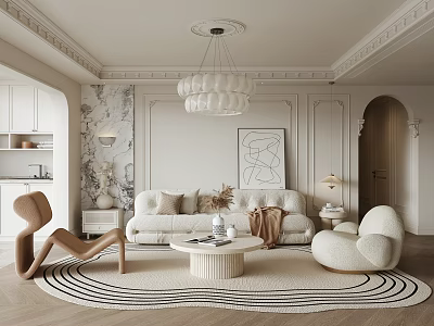 Modern Living Room Interior With Beige Sofa Round Coffee Table Wavy Rug And Unique Chairs 3d model