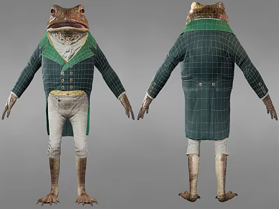 Anthropomorphic Frog Character in Green Checkered Coat with Front Back Views for Game or Movie 3d model