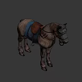 Realistic Brown Horse Equipped with Leather Harness Blue Saddle Pad and Bridle
