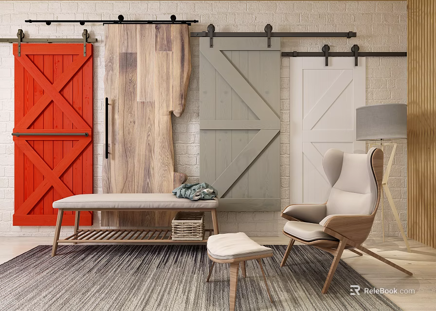 Stylish Single Sofa In Modern Interior With Red Gray White Barn Doors And Floor Lamp 3d model 