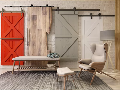 Stylish Single Sofa In Modern Interior With Red Gray White Barn Doors And Floor Lamp 3d model