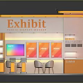 Modern Orange Exhibit Display Booth With Screens Chairs And Reception Desk