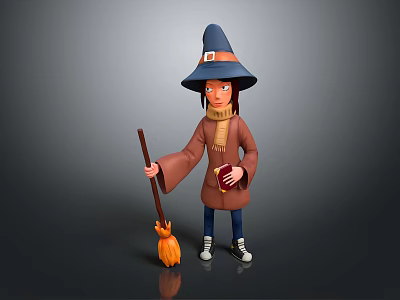 Cartoon Witch In Blue Hat Brown Robe Holding Broomstick Red Book And Scarf 3d model