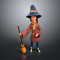 Cartoon Witch In Blue Hat Brown Robe Holding Broomstick Red Book And Scarf