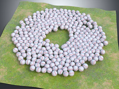 Many Baseballs in Circular Arrangement on Green Grass as Sports Equipment 3d model