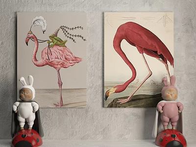 Colorful Flamingo Animal Paintings With Feather Plant Decor And Rabbit Dolls On Gray Wall 3d model
