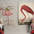 Colorful Flamingo Animal Paintings With Feather Plant Decor And Rabbit Dolls On Gray Wall