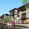 Modern Townhouses Exterior Design With Large Windows Green Plants People Walking And Blue Sky