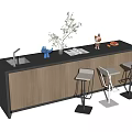 Modern Wooden Bar Counter with Black Countertop Plant Vase Fruits and Bar Stools