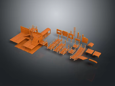 Orange Architectural Model Scattered Structural Components With Stairs Platforms And Frames 3d model