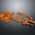 Orange Architectural Model Scattered Structural Components With Stairs Platforms And Frames 3d model