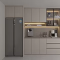 Stylish Light Toned Sideboard With LED Lighting Glass Doors Coffee Machine Next To Refrigerator