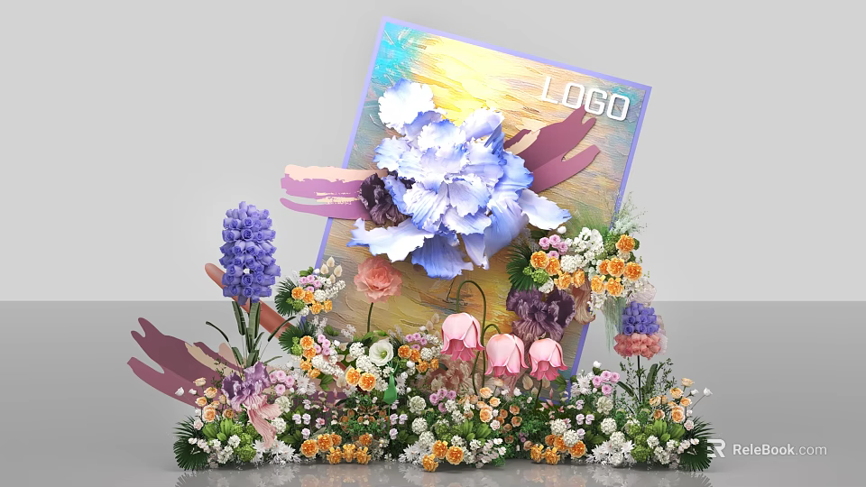 Vibrant Photo Check-in Spot With Colorful LOGO Backdrop Large Paper Flowers And Mixed Floral Decorations 3d model 