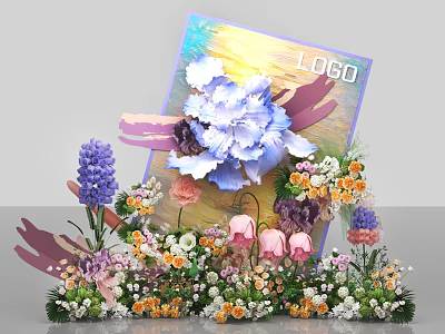Vibrant Photo Check-in Spot With Colorful LOGO Backdrop Large Paper Flowers And Mixed Floral Decorations 3d model