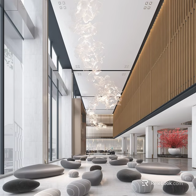 Elegant Modern Hotel Lobby With Crystal Chandeliers Cozy Sofa Seating And Wooden Wall Panels 3d model 