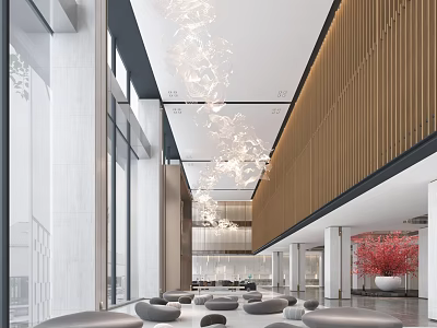 Elegant Modern Hotel Lobby With Crystal Chandeliers Cozy Sofa Seating And Wooden Wall Panels 3d model
