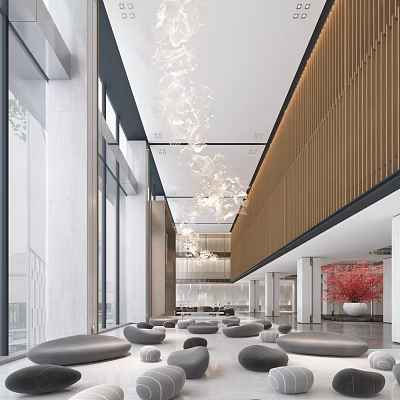 Elegant Modern Hotel Lobby With Crystal Chandeliers Cozy Sofa Seating And Wooden Wall Panels 3d model