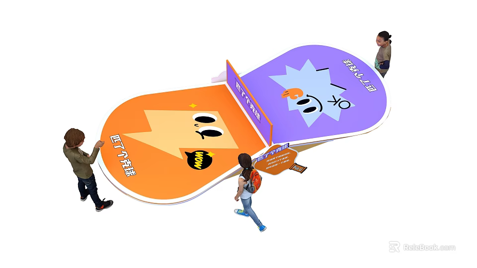 Interactive Zone Featuring Unique Orange Purple Table With Cartoon Smiley Face And People 3d model 