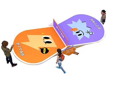 Interactive Zone Featuring Unique Orange Purple Table With Cartoon Smiley Face And People 3d model